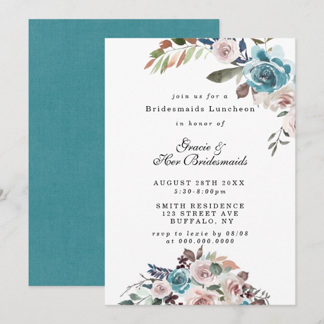 Pink and Teal Peony Bridesmaids Luncheon Invites (Front/Back)