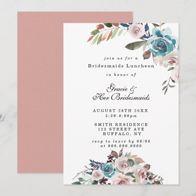 Pink and Teal Peony Bridesmaids Luncheon Invites (Front/Back)