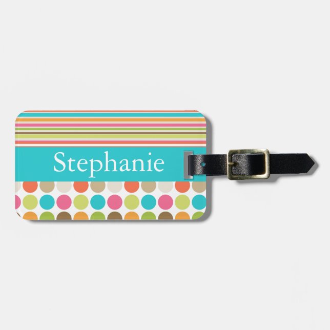 Pink and Teal Polka Dot Personalised  Luggage Tag (Front Horizontal)
