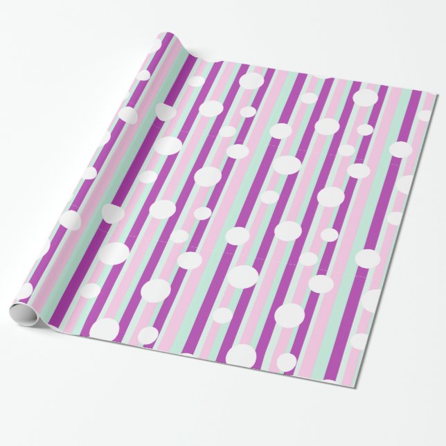 Pink and Teal Polka Dot Striped Gift Wrap (Unrolled)