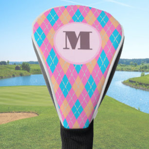 Pink and teal preppy argyle custom monogram womens golf head cover