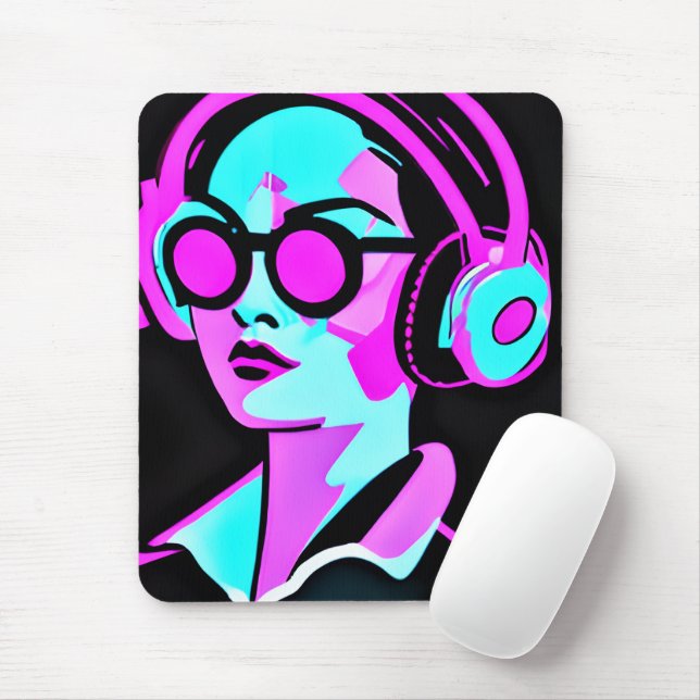 Pink and Teal Psychedelic Lady in Headphones Mouse Mat (With Mouse)