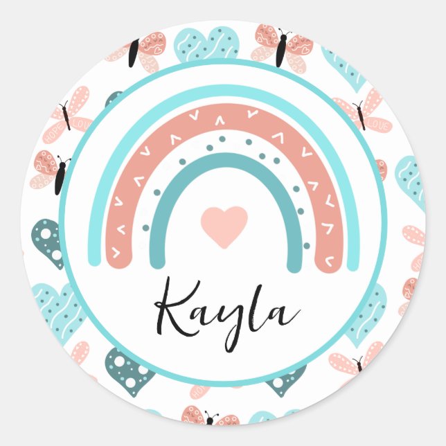 Pink and Teal Rainbows, Butterflies and Hearts Classic Round Sticker (Front)
