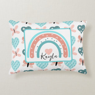 Pink and Teal Rainbows, Butterflies and Hearts Decorative Cushion