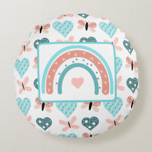 Pink and Teal Rainbows, Butterflies and Hearts Round Cushion