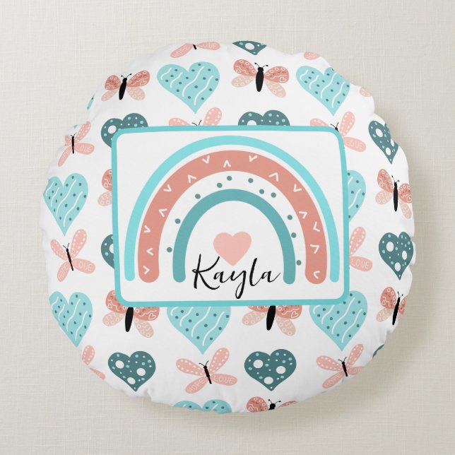 Pink and Teal Rainbows, Butterflies and Hearts Round Cushion (Front)