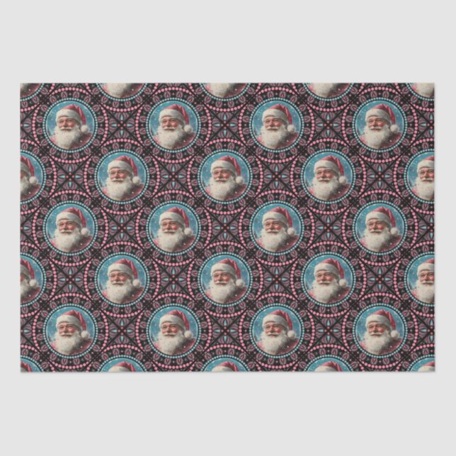 Pink and Teal Retro Santa Mandala Geometric Tile Tissue Paper (Front)
