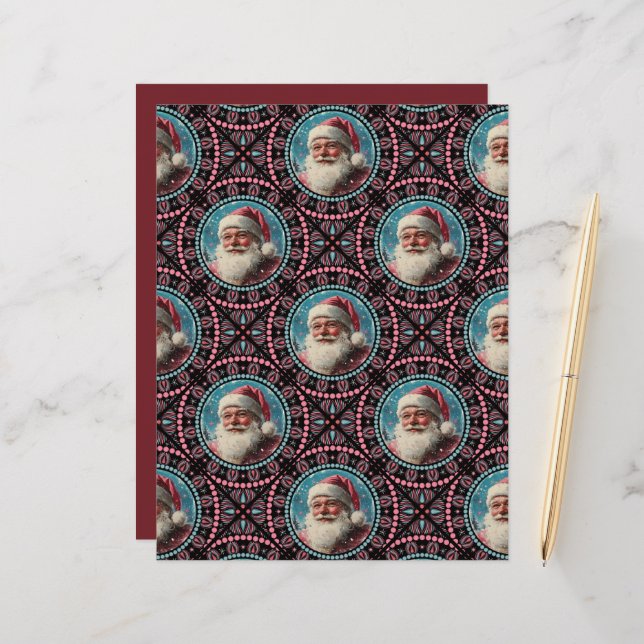 Pink and Teal Retro Santa Mandala Tile Scrapbook (Front/Back In Situ)