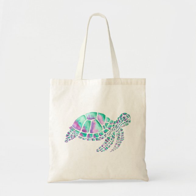 Pink and Teal Sea Turtle Tote Bag (Front)