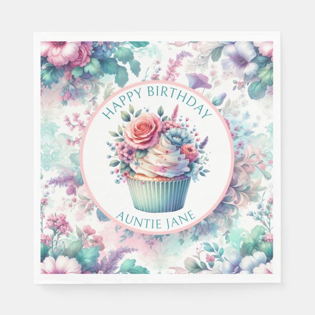 Pink and Teal Shabby Chic Floral Party Napkin (Front)