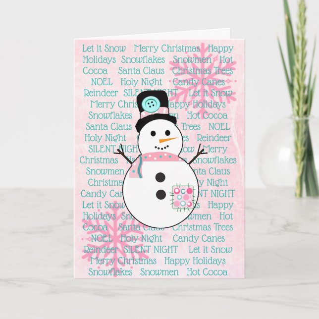 Pink and Teal Snowman Snowflakes Christmas Card (Front)