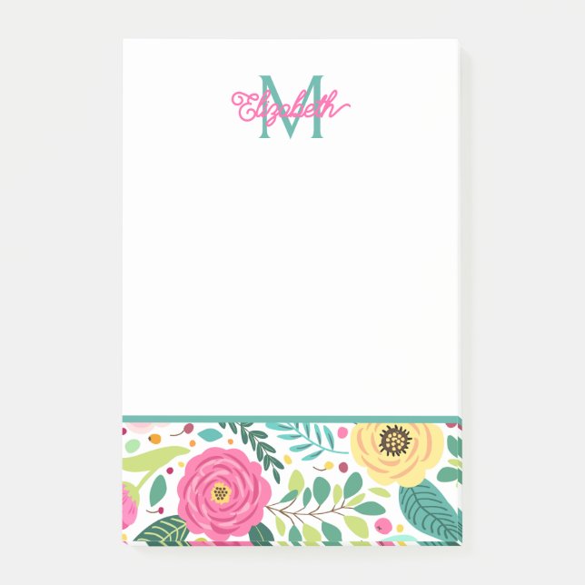 Pink and Teal Spring Floral Monogram Post-it Notes (Front)