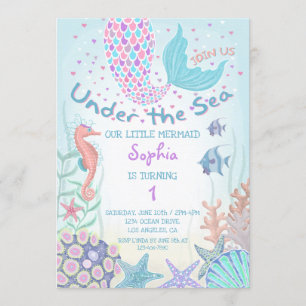 Pink and Teal Under the Sea Mermaid Birthday Invitation