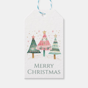 Pink and Teal Watercolor Christmas Trees with Star Gift Tags