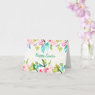 Pink and teal watercolor floral frame custom card
