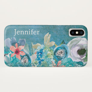 Pink and teal watercolor floral personalised iPhone x case