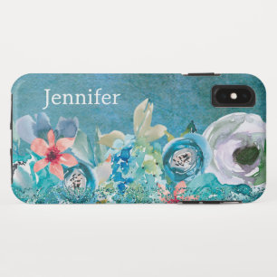 Pink and teal watercolor floral personalised iPhone XS max case