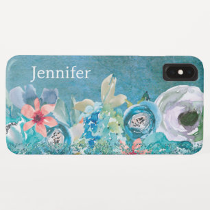 Pink and teal watercolor floral personalised iPhone XS max case