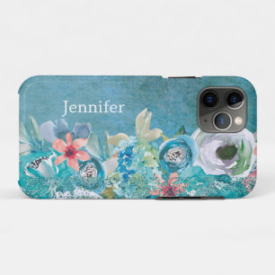 Pink and teal watercolor floral personalised iPhone 11 pro case