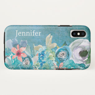 Pink and teal watercolor floral personalised iPhone x case