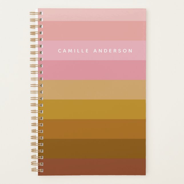 Pink and Terracotta Boho Geometric Stripes Name Planner (Front)