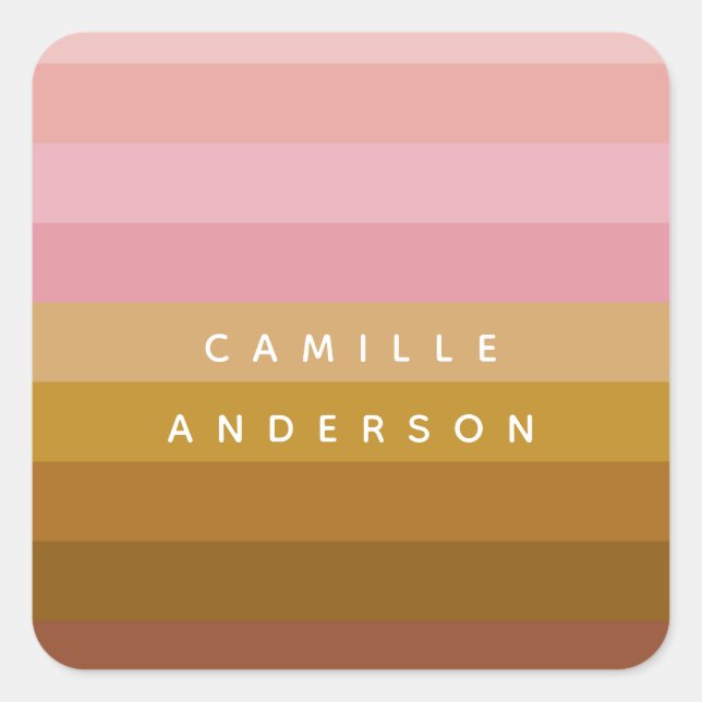 Pink and Terracotta Boho Geometric Stripes Name   Square Sticker (Front)