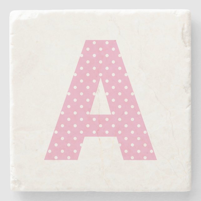 Pink and Tiny White Polka Dot Bold A Monogram Stone Coaster (Front)