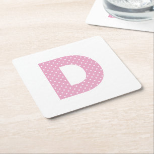 Pink and Tiny White Polka Dot Bold D Monogram Square Paper Coaster