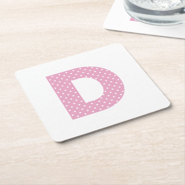 Pink and Tiny White Polka Dot Bold D Monogram Square Paper Coaster (Angled)