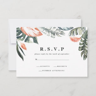Pink and tropical leaf foliage wedding R.S.V.P RSVP Card