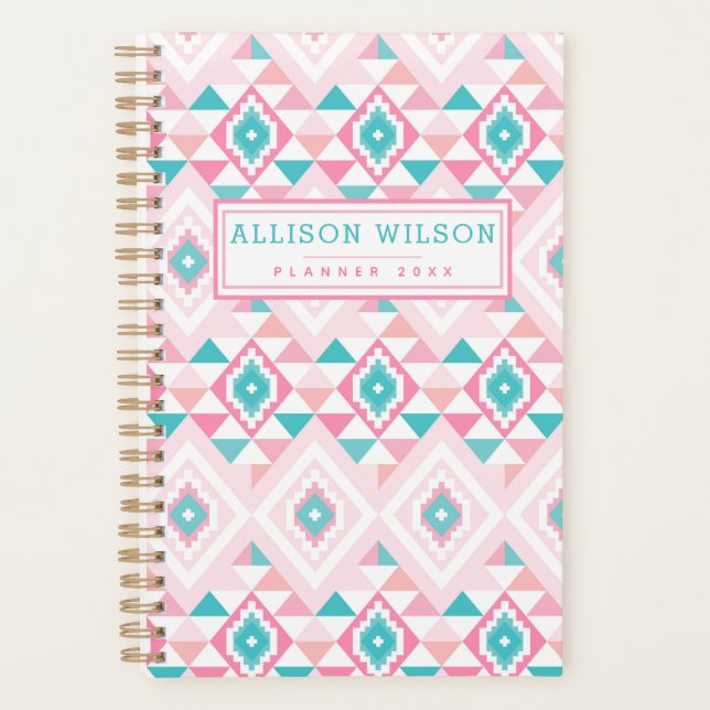 Pink and Turqoise Aztec Pattern Planner (Front)