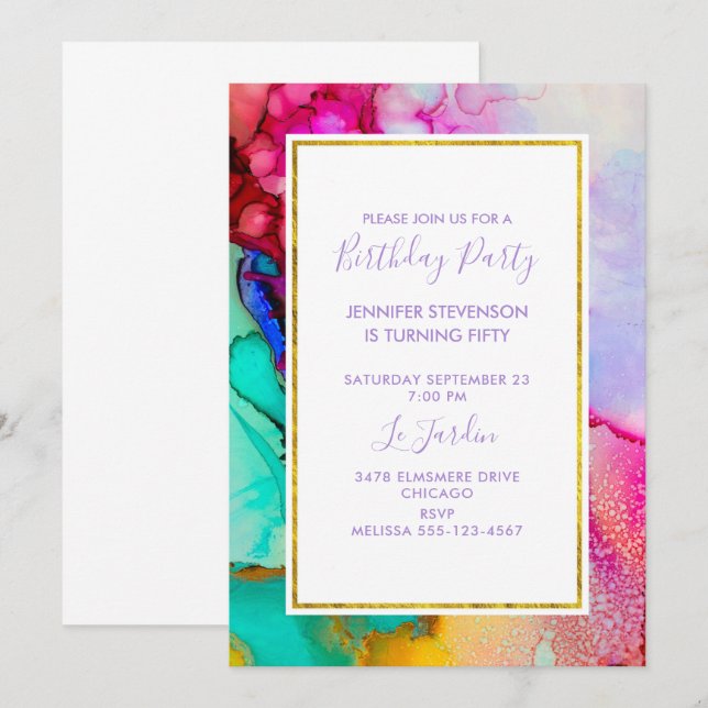 Pink and Turquoise Abstract Watercolor Birthday Invitation (Front/Back)