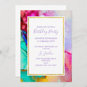 Pink and Turquoise Abstract Watercolor Birthday Invitation