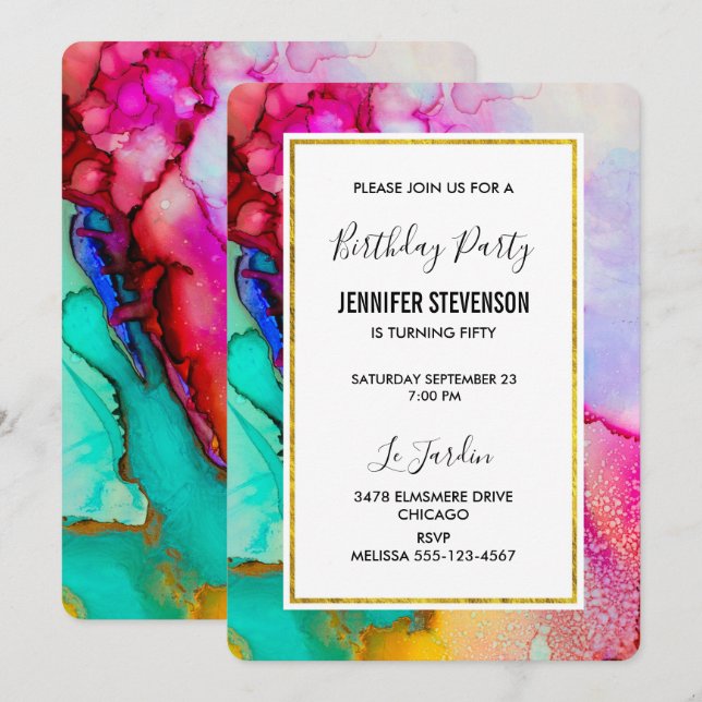 Pink and Turquoise Abstract Watercolor Birthday Invitation (Front/Back)