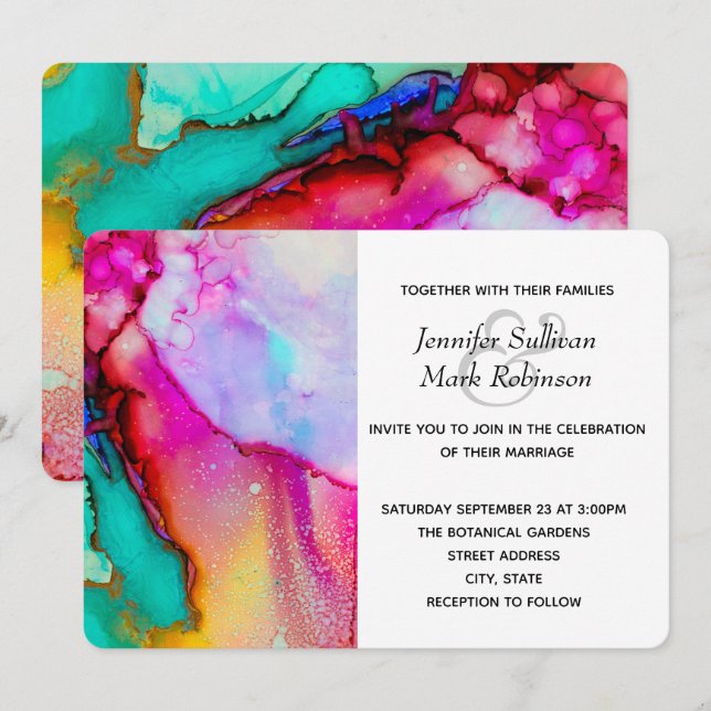 Pink and Turquoise Abstract Watercolor Wedding Invitation (Front/Back)