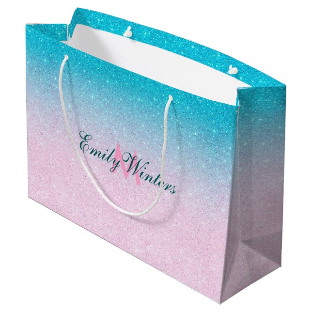 Pink and Turquoise Glitter Ombre Large Gift Bag (Back Angled)