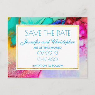 Pink and Turquoise Marble Abstract Watercolor Announcement Postcard