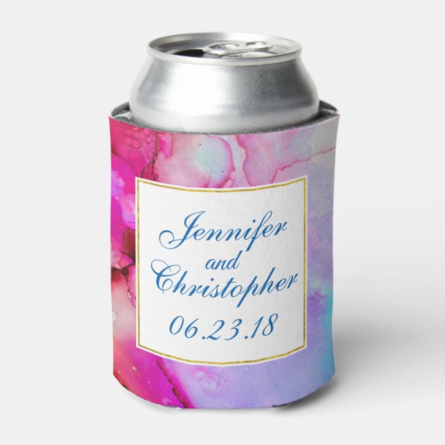 Pink and Turquoise Marble Abstract Watercolor Can Cooler (Can Front)