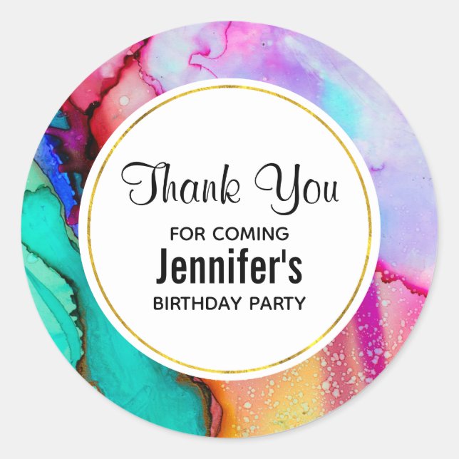 Pink and Turquoise Marble Abstract Watercolor Classic Round Sticker (Front)