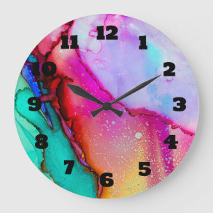 Pink and Turquoise Marble Abstract Watercolor Large Clock