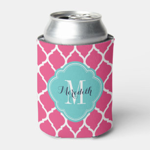 Pink and Turquoise Moroccan Quatrefoil Monogram Can Cooler
