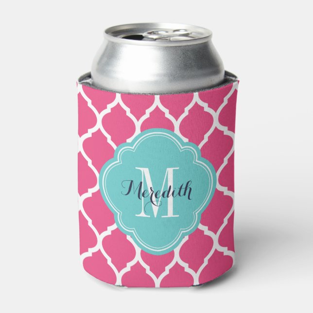 Pink and Turquoise Moroccan Quatrefoil Monogram Can Cooler (Can Front)