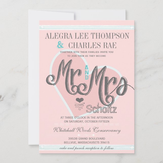 Pink and Turquoise Mr and Mrs Typography Weddings Invitation (Front)