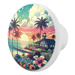 Pink and Turquoise Paradise Beach Art Ceramic Knob