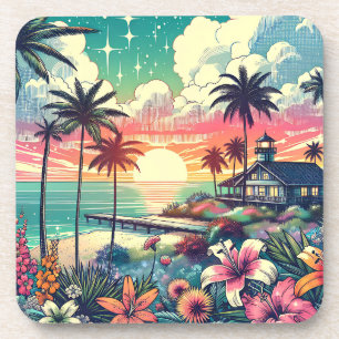 Pink and Turquoise Paradise Beach Art Coaster