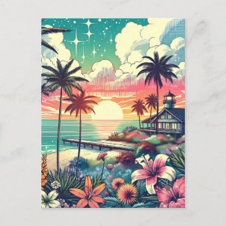 Pink and Turquoise Paradise | Beach Art Postcard