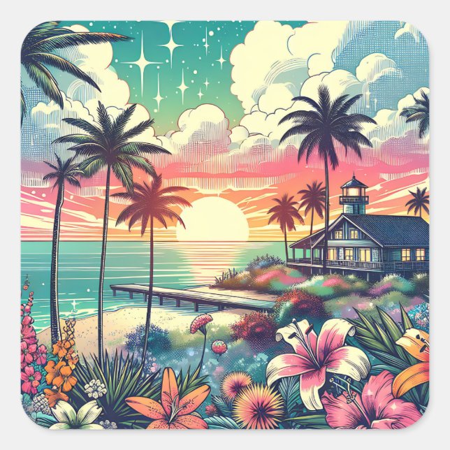 Pink and Turquoise Paradise | Beach Art Square Sticker (Front)