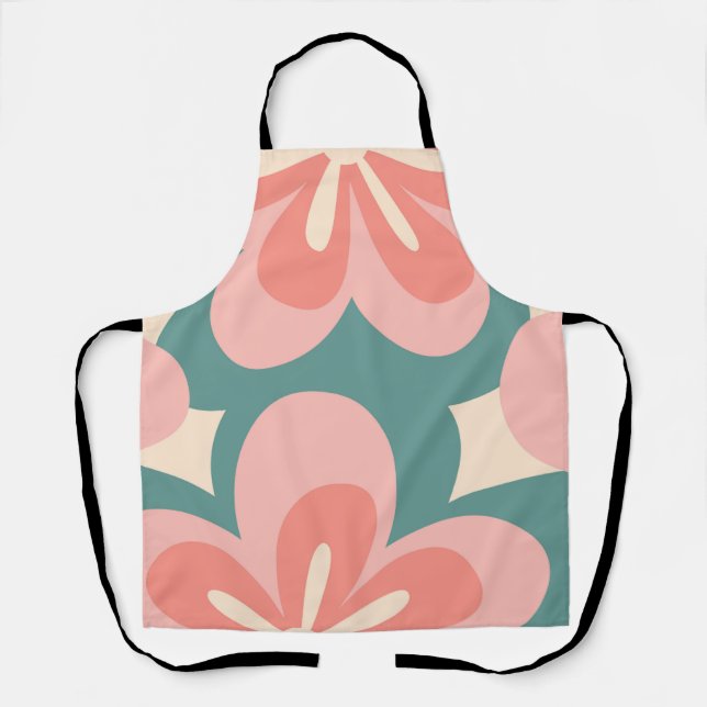 Pink and turquoise retro style flowers apron (Front)