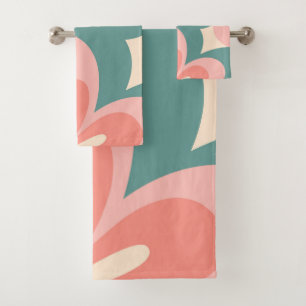Pink and turquoise retro style flowers bath towel set