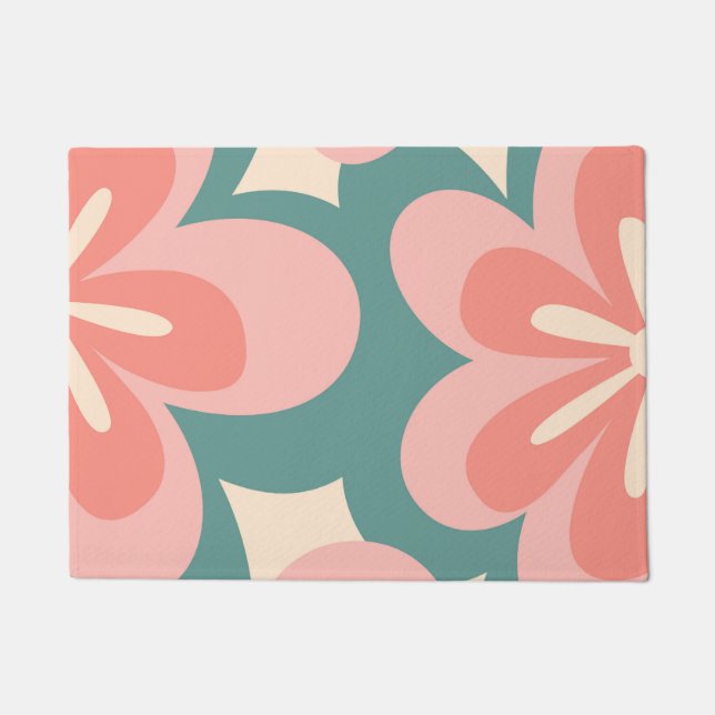Pink and turquoise retro style flowers doormat (Front)